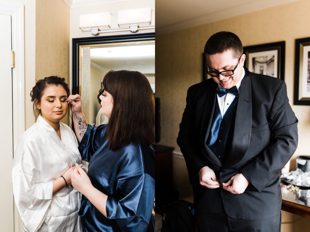 Groom and Bride get ready at a puyallup hotel