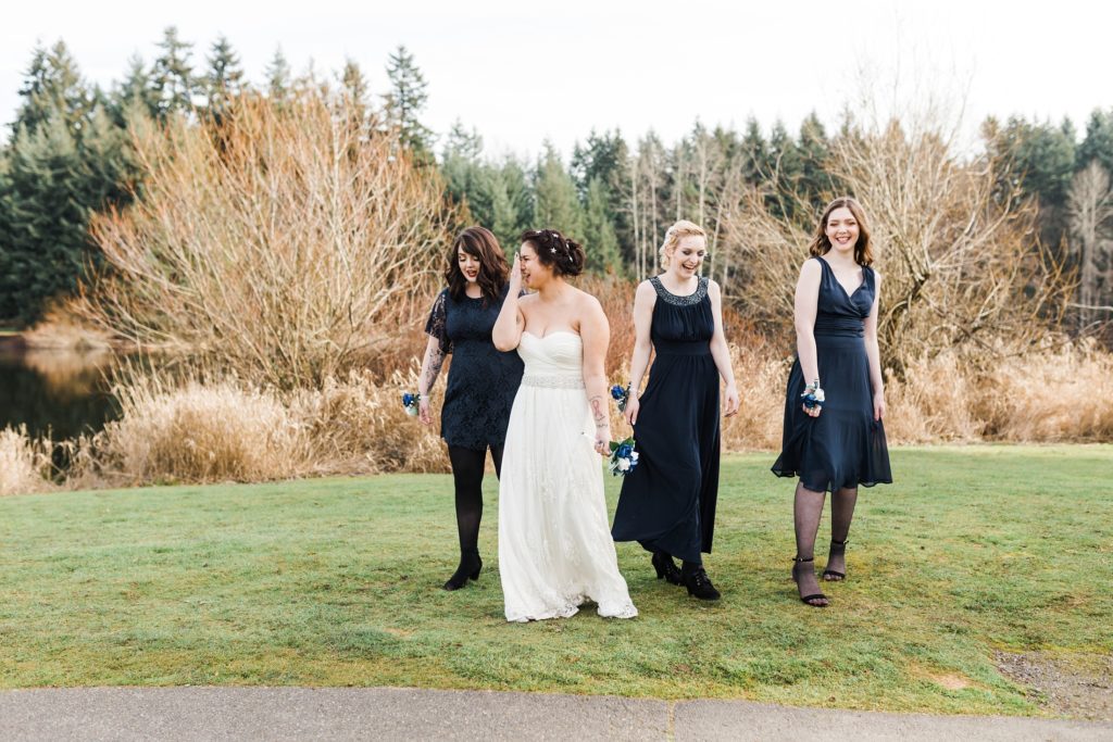 bridesmaids in puyallup public park laughing