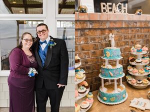 blue three tiered beach themed wedding cake