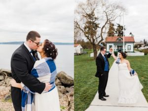 bride and groom kiss at browns point lighthouse park