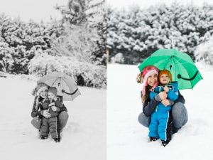 Mom and 2 year old son under green umbrella